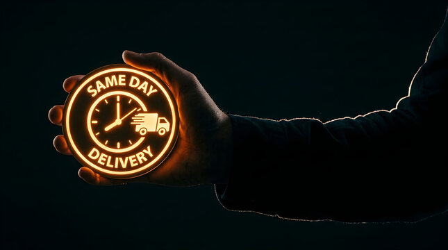 A hand holding a glowing circular sign with a same day delivery icon