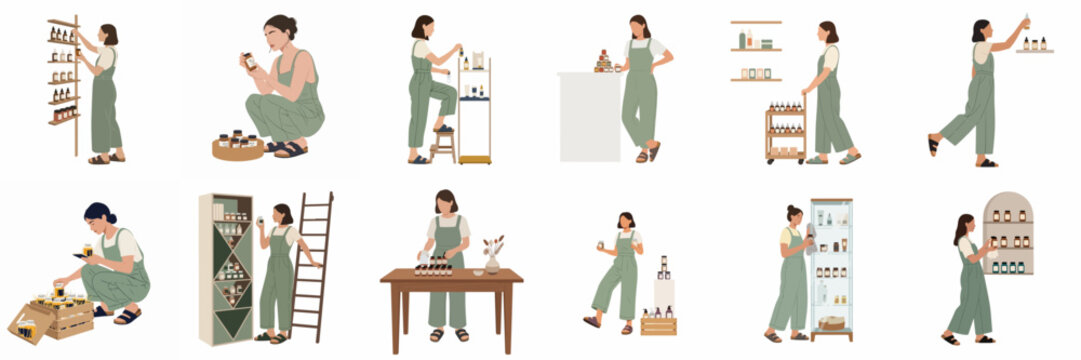 Set of minimalist illustrations showing a female shop owner or worker organizing shelves, packing orders, and managing inventory in an apothecary or boutique.