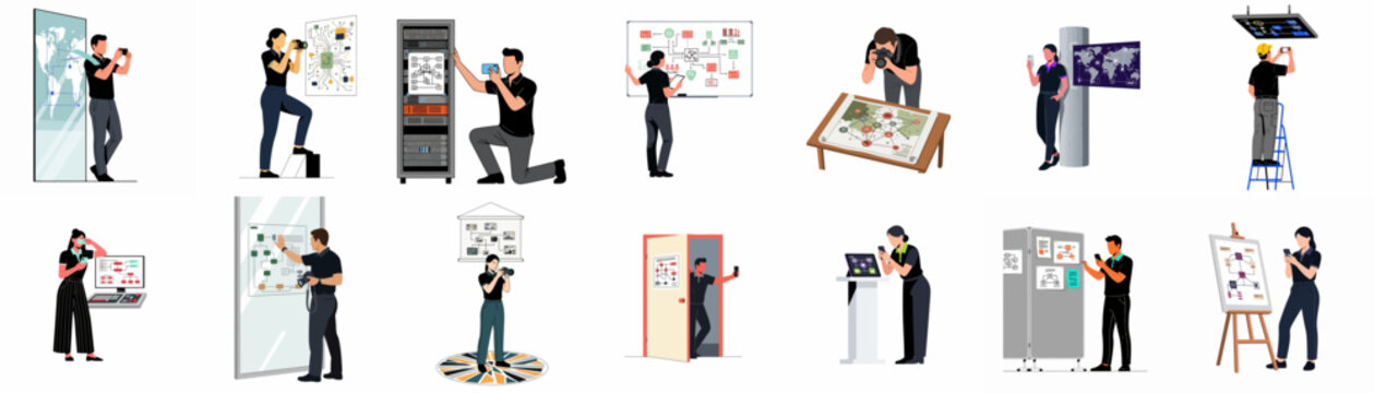 Set of flat illustrations featuring professionals and technicians engaged in various activities like photography, data analysis, and technical work in modern environments.