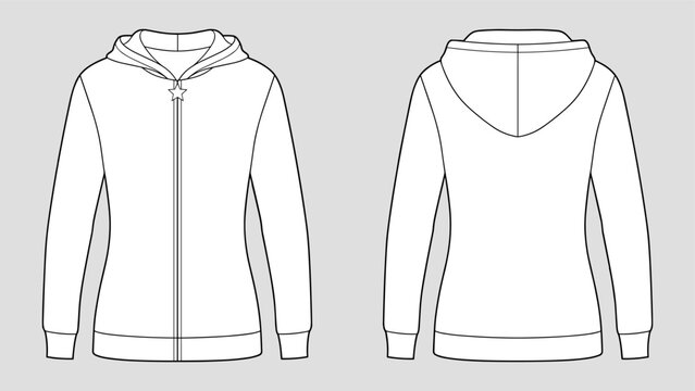 Long sleeve zip up hoodie with star zipper pull technical fashion drawing sketch template front and back view. apparel design vector illustration mock up jacket CAD. Easy edit and customizable.