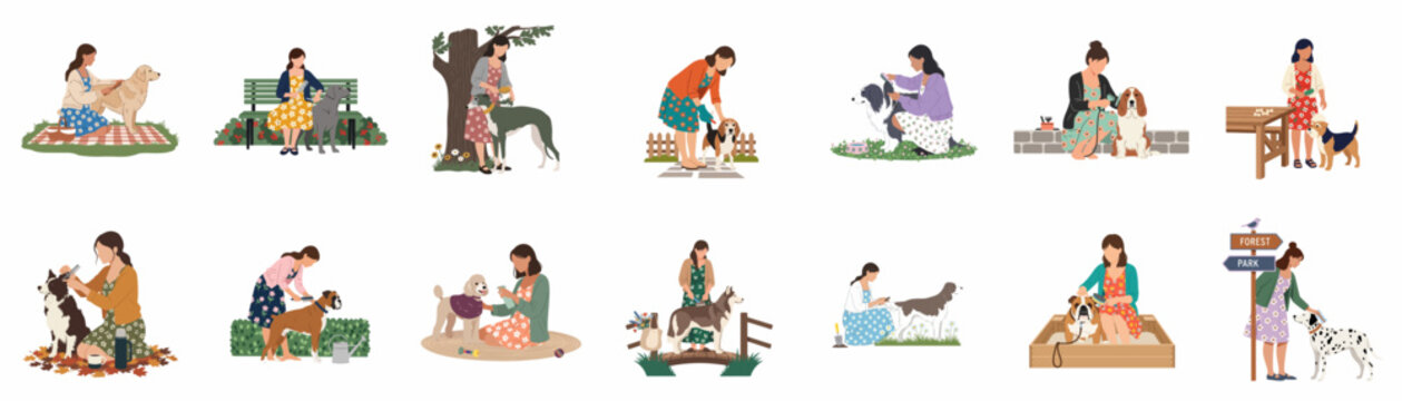Collection of illustrations showing diverse women caring for, playing with, and enjoying time with different dog breeds in various settings.