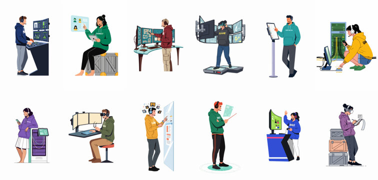 Collection of diverse people working with modern technology, including virtual reality, multi-monitor setups, and digital interfaces, in a clean illustration style.