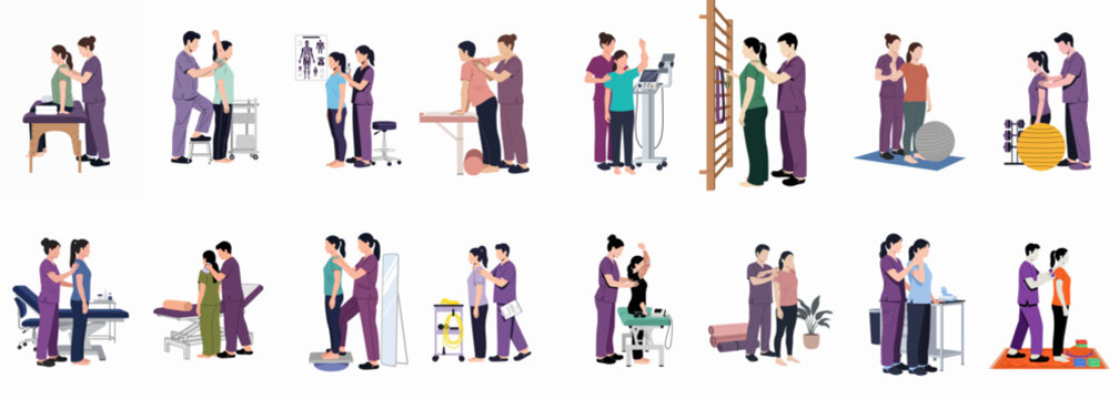 Set of Flat Vector Illustrations Representing Various Physiotherapy and Rehabilitation Scenes with Therapists Assisting Patients During Recovery Exercises and Clinical Treatments.