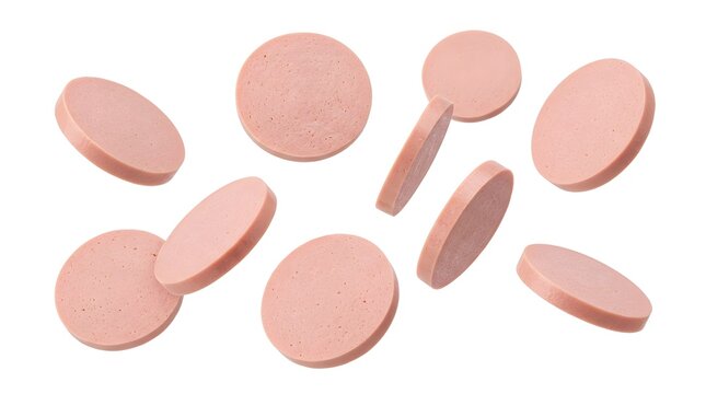 Floating slices of bologna sausage isolated on white background for food advertising.