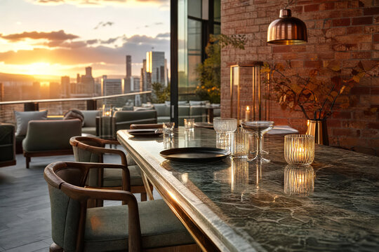 Bright Commercial Rooftop Lounge Sunset With Natural Restaurant Colors