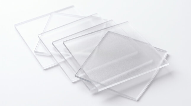 A stack of clear acrylic or plastic rectangular sheets isolated on a clean white studio background