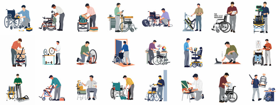 Collection of illustrations depicting technicians repairing and maintaining wheelchairs, mobility scooters, and walking aids for disabled people.