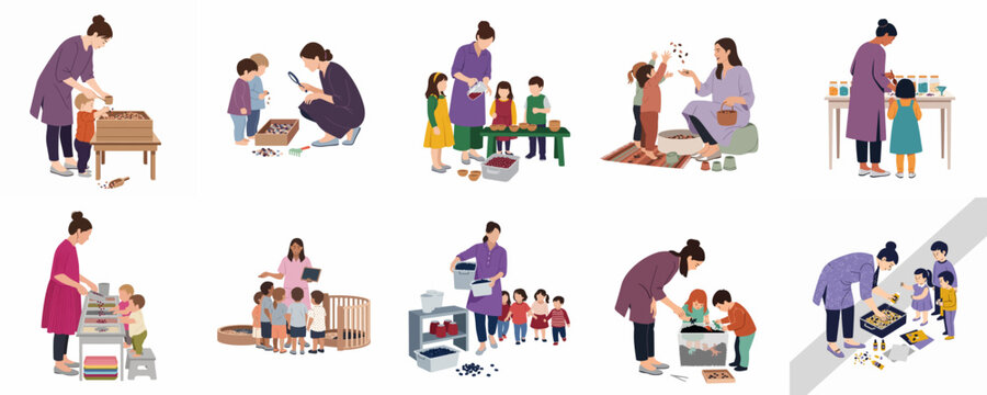 Vector illustration set of diverse educational activities in a preschool or kindergarten setting featuring teachers and children interacting with various learning materials.