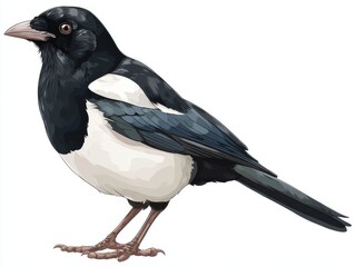 Obraz premium Black And White Eurasian Magpie Bird Standing On White Background In Detailed Pixel Art Style