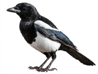 Obraz premium Black And White Eurasian Magpie Standing On Plain White Background With Detailed Plumage Texture