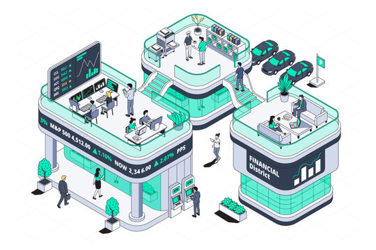 Detailed hand drawn isometric illustration of a modern financial district with business buildings, offices, banking, fintech services and professionals. Vector