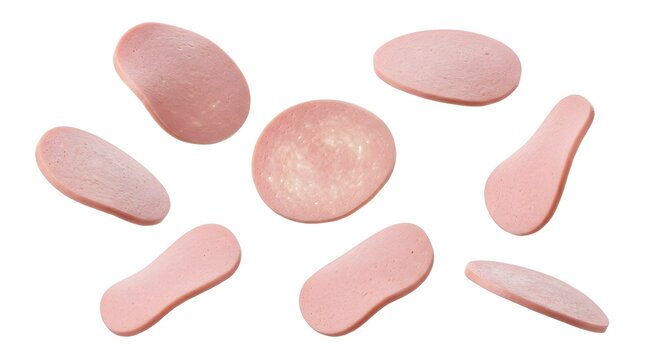 Floating slices of bologna sausage isolated on white background for food advertising
