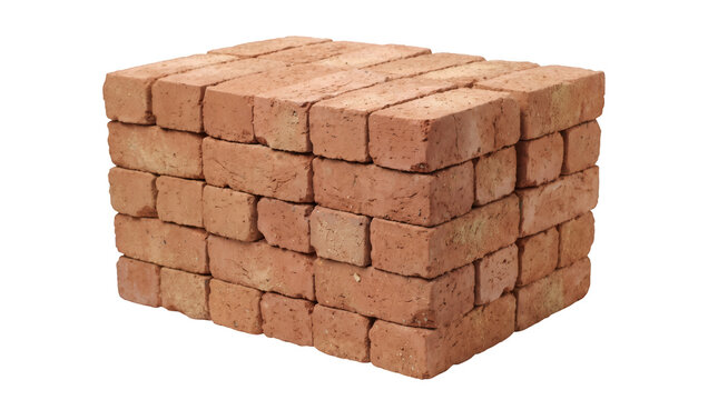 Stack of red clay bricks isolated on transparent background, building material for construction and wall masonry