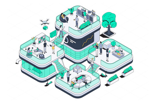 Isometric Office Campus with Modern Coworking Spaces and Team Collaboration