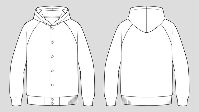 Varsity button up hoodie jacket technical fashion Drawing sketch template front and back view. apparel design vector illustration mock up sweatshirt CAD. Easy edit and customizable.