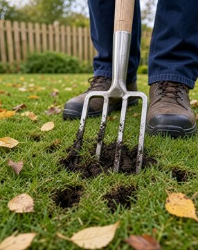 A man aerating a green lawn with a garden fork in autumn, close-up of digging into soil among fallen leaves in a residential garden, concept of fall lawn care and manual aeration for healthy turf.