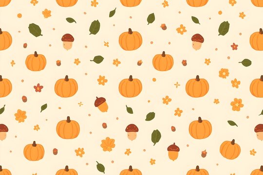 Cute 2D anime inspired seamless pattern of small orange pumpkins autumn leaves