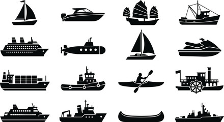 Boat and Ship Silhouette Collection Featuring Sailboats Yachts Ferries Cargo and Military Vessels © lokman
