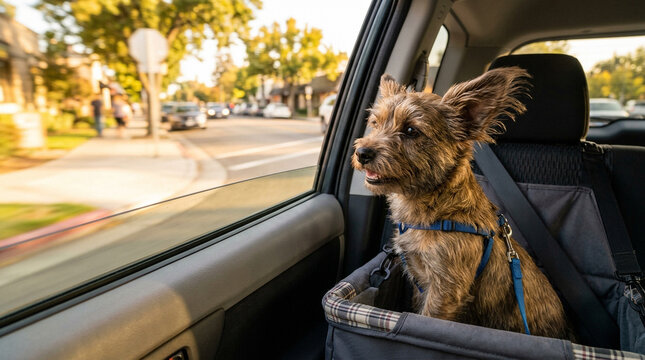 Scruffy dog in pet booster seat looking out car window