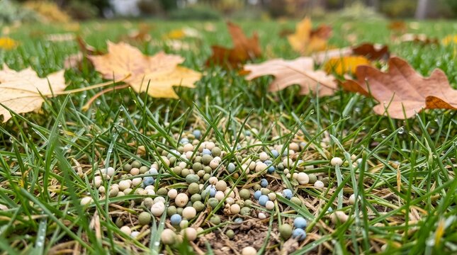 Colorful granular fertilizer scattered on a green autumn lawn with fallen maple and oak leaves, close-up of mineral pellets among grass blades, concept of fall lawn feeding and garden care.