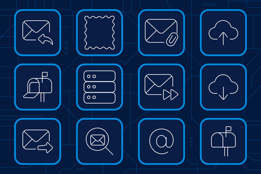 Email communication set icon. Reply message, postage stamp, attachment mail, cloud upload, mailbox, server storage, forwarding, cloud download, sent correspondence, search inbox