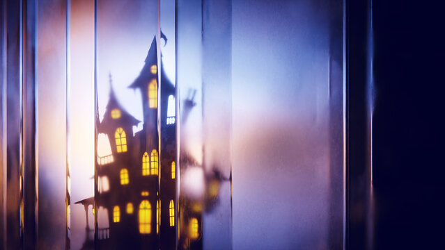 Halloween haunted house distorted through atmospheric glass layers.