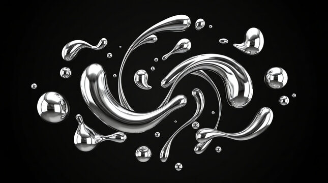 Abstract composition of liquid silver splashes and floating metallic droplets isolated on a solid black background