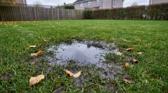 A puddle on a green backyard lawn with scattered fallen leaves after autumn rain, waterlogged grass in a residential garden, concept of poor drainage and standing water problem in the yard.