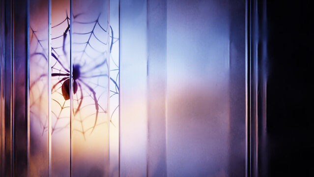 Halloween spider on web framed by atmospheric glass reflections.