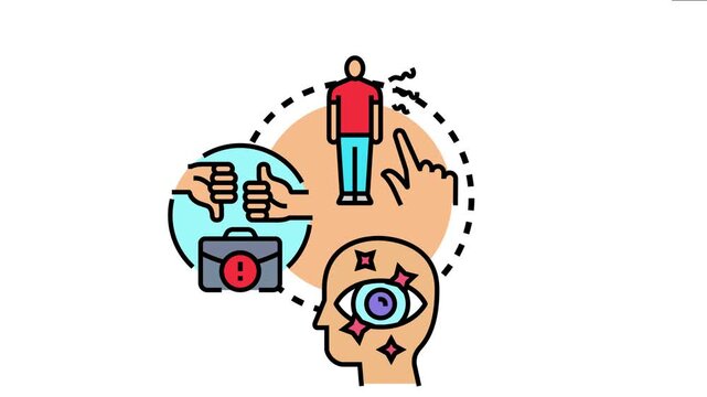 Human figure receiving judgment from an external source and an internal process of self perception leading to transformation, depicted by an eye with stars and decision making icons