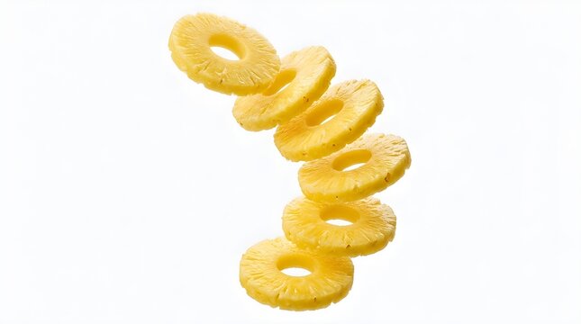Fresh pineapple rings floating in mid air isolated on a white background