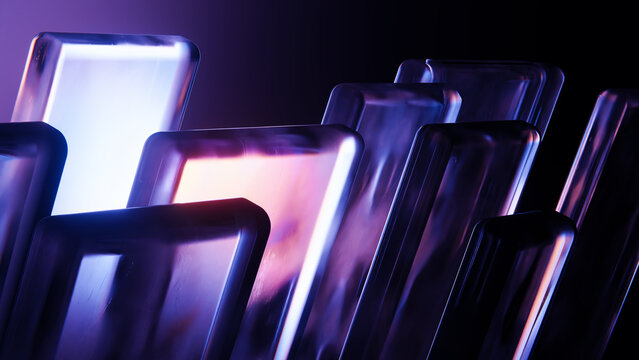 Layered rectangular glass forms with luminous futuristic reflections.