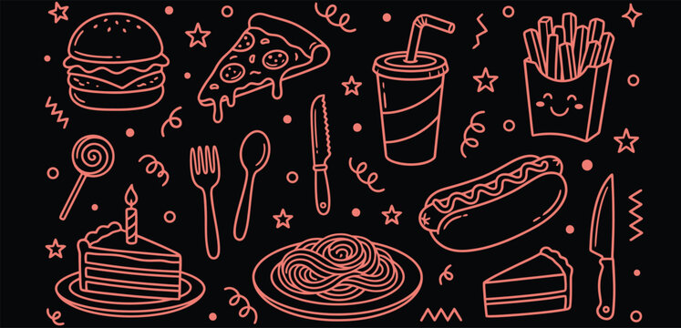 Neon pink fast food doodles on black background, hand drawn junk food vector elements, restaurant menu illustration set