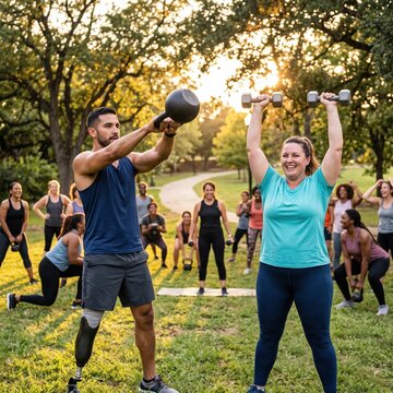 A young adult man and adult woman lift a kettlebell and dumbbells during an outdoor group fitness workout in a sunny park.
