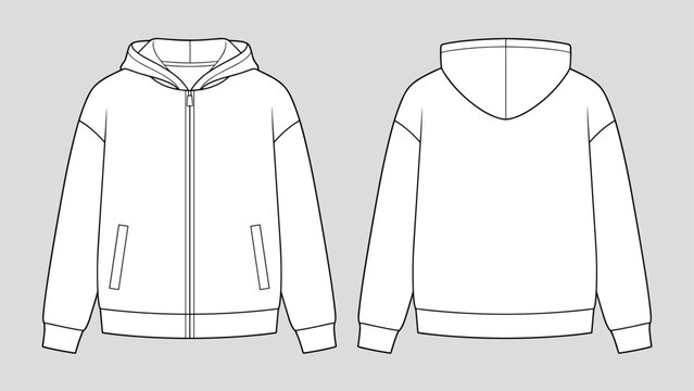 Full zip hoodie with side pockets technical fashion Drawing sketch template front and back view. apparel design vector illustration mock up jacket CAD. Easy edit and customizable.