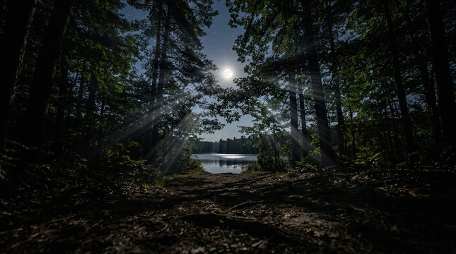 Full moon shining through dark forest trees over a lake at night