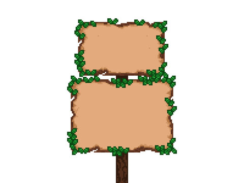 Retro pixel art wooden double signpost with two blank panels decorated with green ivy leaves, on a white background, perfect for fantasy game UI, RPG direction signs,