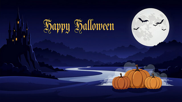 Spooky halloween scene depicts a castle full moon pumpkins and bats in a vector illustration