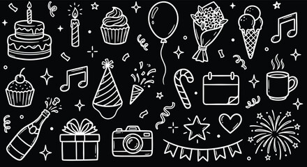 Chalkboard birthday doodle elements, hand drawn party celebration icons, white line art vector set on black background © Komal