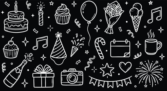 Chalkboard birthday doodle elements, hand drawn party celebration icons, white line art vector set on black background