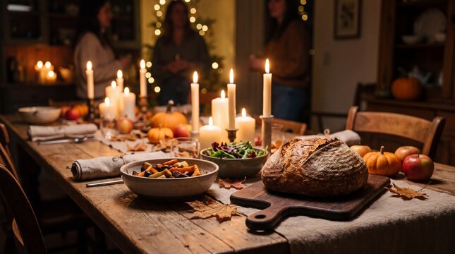 Cozy Autumn Feast Gathering Celebrating Samhain Traditions With Rustic Food And Warm Candlelight