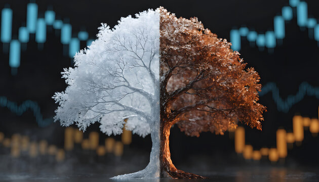 Split winter and autumn tree concept. Market cycle balance and seasonal transition. Dual season foliage tree standing before candlestick trading charts