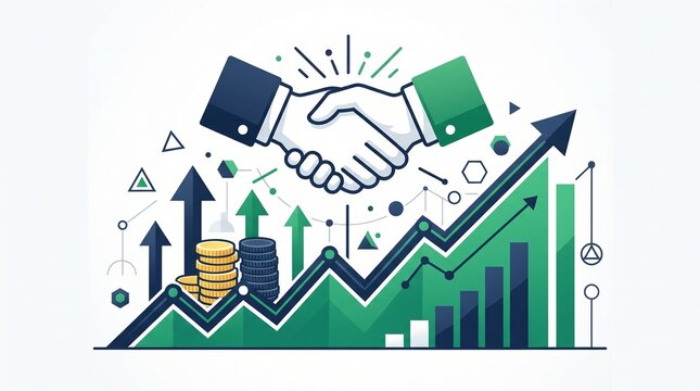 Business handshake above an ascending growth chart with financial symbols, representing profitable partnership, investment success, corporate growth and economic progress.