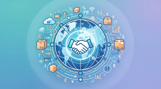 Global business handshake surrounded by network connections and shipping symbols, representing international partnership, trade, cooperation and worldwide commerce.