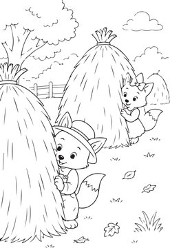 Cute cartoon foxes playing hide and seek behind haystacks on a farm. Black and white vector line art illustration for kids autumn coloring book page, activity worksheet, and KDP.