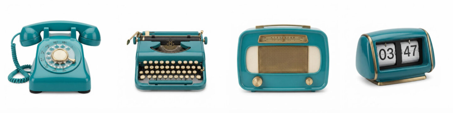 Vintage technology set of teal retro devices including a rotary telephone, mechanical typewriter, antique radio, and flip clock isolated on a white background for nostalgic lifestyle designs