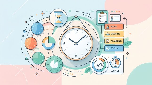 Wall clock with timer blocks, hourglass and task cards representing focused work, time tracking, productivity, concentration, efficient routines and effective task management.
