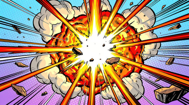Comic book style massive explosion with flying debris and speed lines