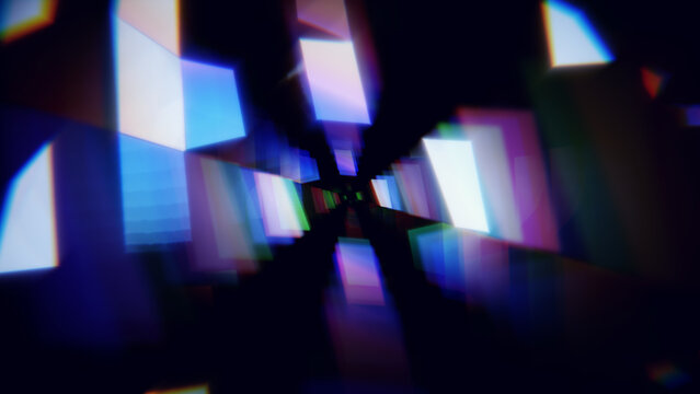 Scattered flare panels with abstract cinematic dark background.