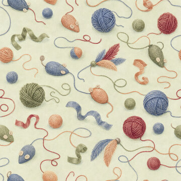 Playful cat toy seamless pattern with yarn feathers and meandering strings on a soft pistachio background